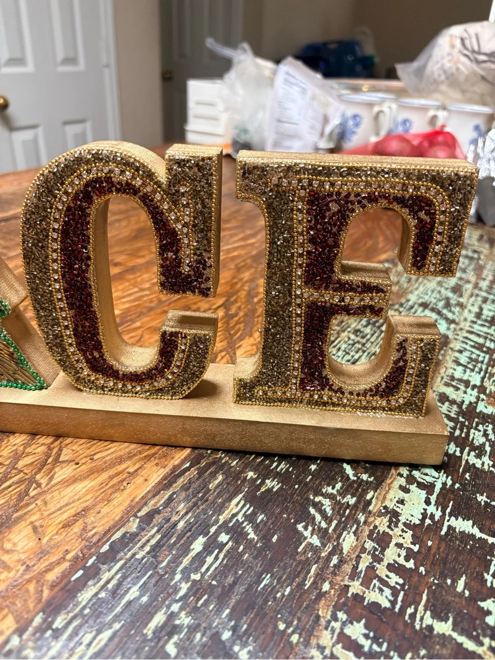 Pier 1 Gold, Green & Red Embellished Beaded Peace, Tree Wood Decor 21”X6”